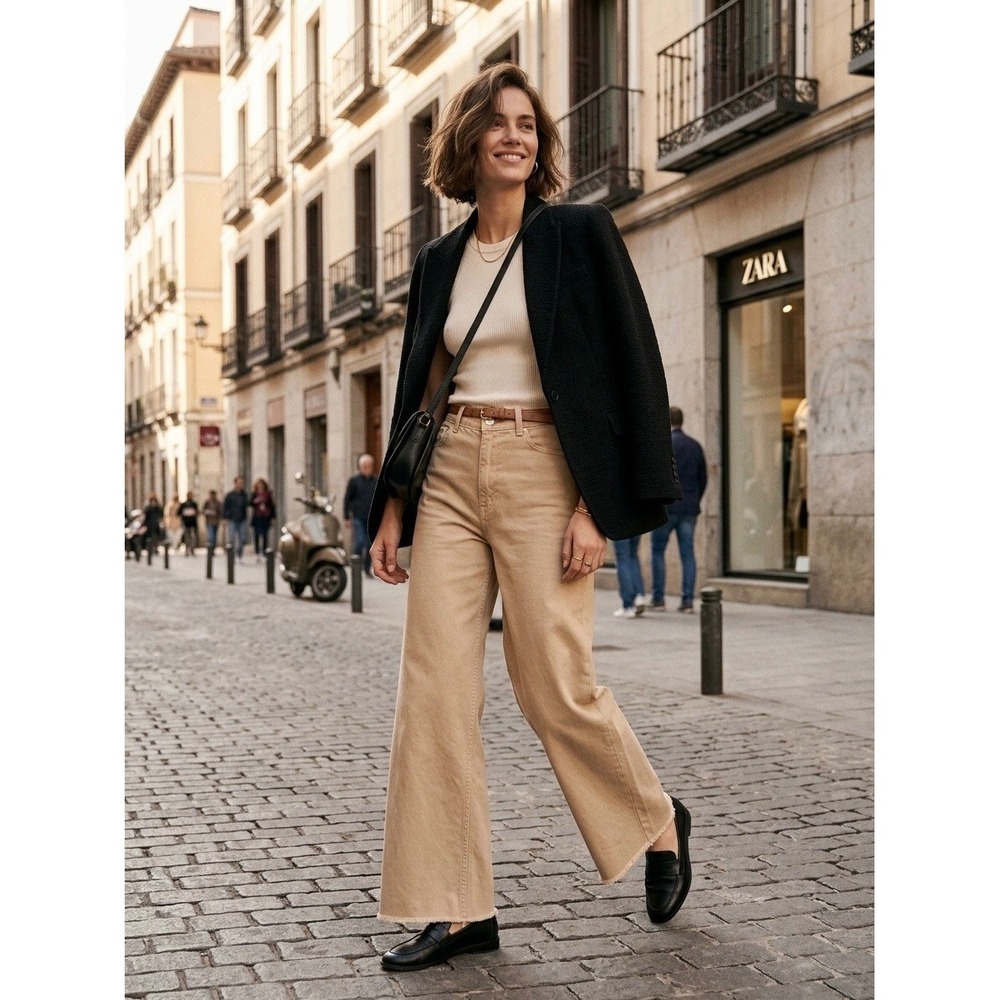 Zara Beige Wide-Leg Flared Jeans